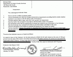 Curtis Richmond's signature as "arbitrator" for $300,000 award in family matter involving minor children.