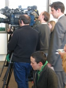 Reporters prepare for news conference in Gerard Cellette Ponzi case.