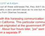 Cyberstalker 'joe' Sent Repeated Harassing Communications From Network Registered To City Government In California; Threatened To Sue PP Blog