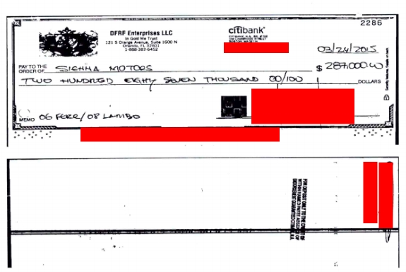 In court filings, the SEC says it has traced the ownership of a 2008 Lamborghini once owned by TelexFree figure Sann Rodrigues and determined the car once was owned by accused DFRF Enterprises' Ponzi schemer Daniel Fernandes Rojo Filho. This was the check Filho used to purchase the vehicle. Source: Federal court fililes. Masking by PP Blog.